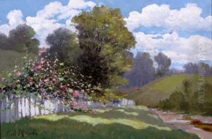 Depicting Roses Along White Fence And Dirt Road