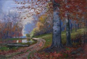 Autumn Landscape With Road And Pond by Frank J. Girardin