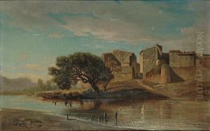 Figures In A Boat Before A Town by Francois Girardon