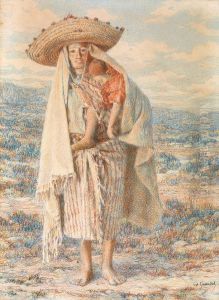 Femme Berbere Au Grand Chapeau De Paille Portant Son Enfant by Louis-Auguste Girardot