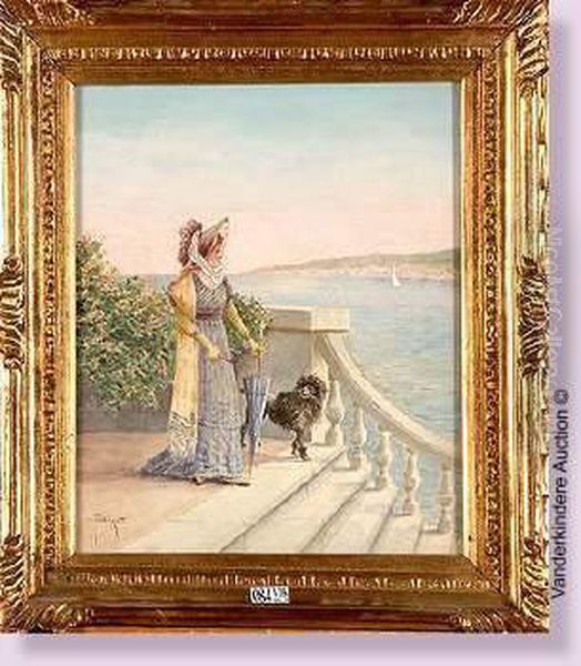 Elegante Et Son Chien Au Bord Du Lac - view 1