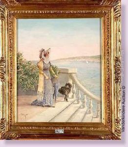 Elegante Et Son Chien Au Bord Du Lac by Francois Joseph Girot