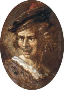 Portrait Of A Man, Bust-length, In A Black Hat With A Red Feather