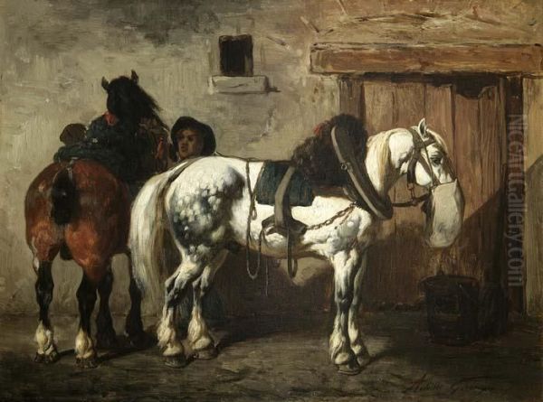 Apfelschimmel Und Brauner Vor Dem Stall - view 1