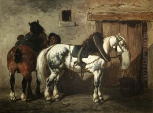 Apfelschimmel Und Brauner Vor Dem Stall by Achille Giroux