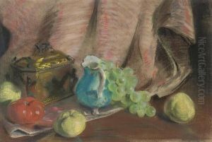 A Blue Jug, Grapes, Apples And A Tea Caddy On A Draped Table by Alfred Alexandrovich Girv