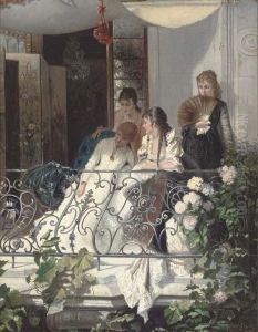 Elegant Company On A Balcony by Josef Gisela