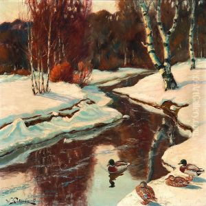 Ducks At A Stream, Wintertime by William Gislander