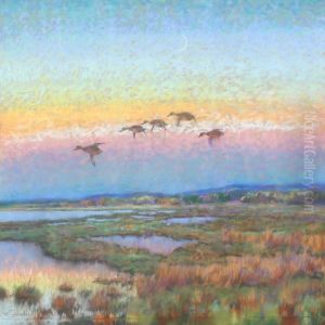 Landscape With Flying Ducks In The Twilight by William Gislander