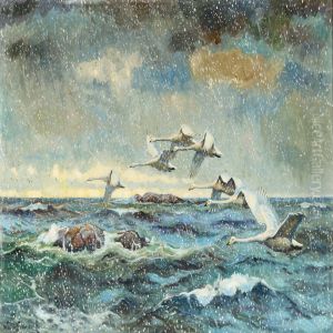 Flying Swans In Snowy Weather by William Gislander