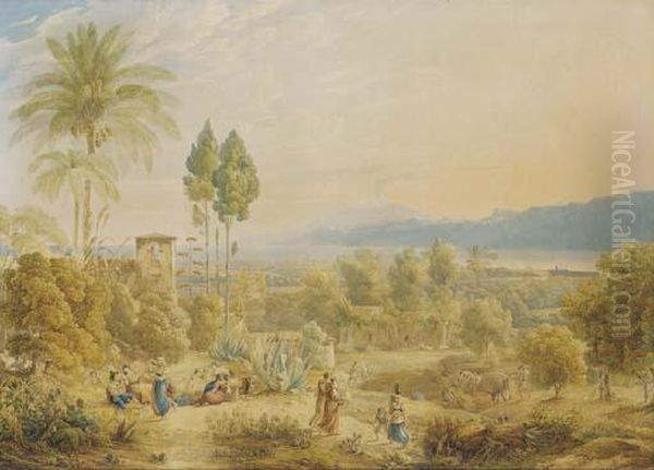 Un Paysage Avec Le Vesuve, Au Premier Plan Des Personnages Dansant Et Jouant De La Musique, D'autres Travaillant Aux Champs - view 1