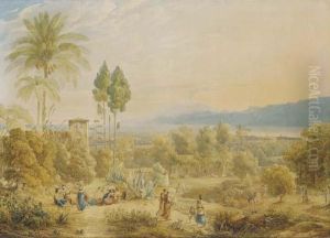 Un Paysage Avec Le Vesuve, Au Premier Plan Des Personnages Dansant Et Jouant De La Musique, D'autres Travaillant Aux Champs