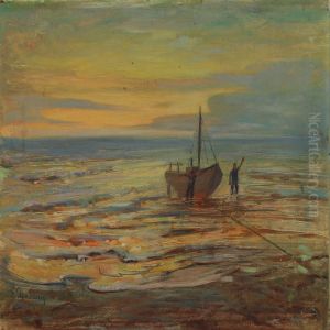 Shore With Two Fishermen And Boat by Einar Gjessing