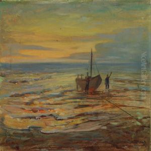 Shore With Twofishermen And Boat by Einar Gjessing