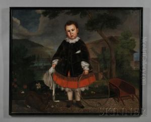 Portrait Of A Boy Holding A Hoop In The Garden With His Dog