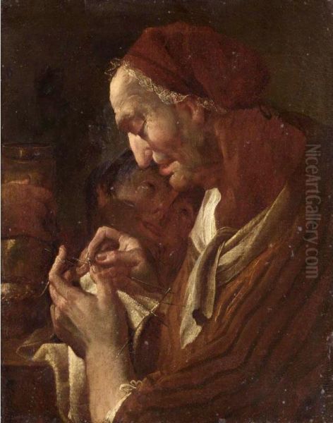 An Elderly Lady Making A Lace, A Young Child Behind - view 1