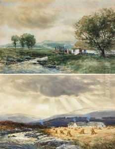 Hay Stooks And Cabins By A River And Athatched Cottage And Caravan By A Stream (a Pair) by John Hamilton Glass