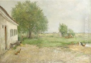 A Farmyard In An Extensive Landscape by Adolf Glatte