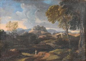 A Classical Figure In An Italianate Landscape,mountains On The Horizon by Johannes (Polidoro) Glauber