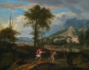 Apollo Und Daphne In Einer Hugeligen Landschaft Bzw by Johannes (Polidoro) Glauber