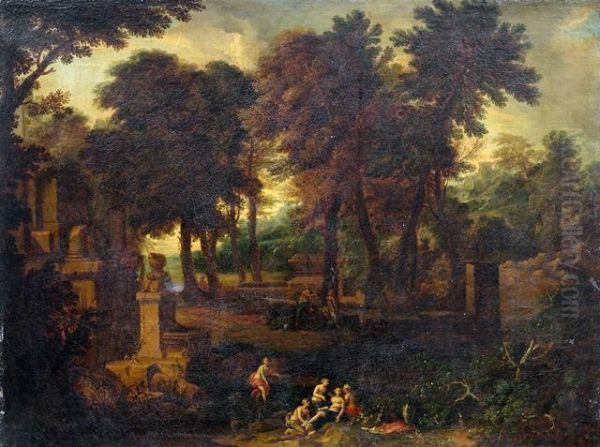 Idyllische Landschaft Mit Badenden Nymphen Zwischen Antiken Ruinen - view 1