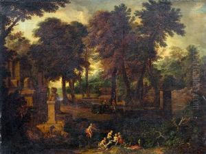 Idyllische Landschaft Mit Badenden Nymphen Zwischen Antiken Ruinen