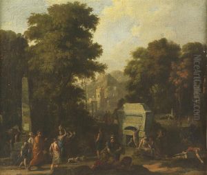 Italianate Landscape With Figures By An Obelisk And Tomb, A Village Beyond