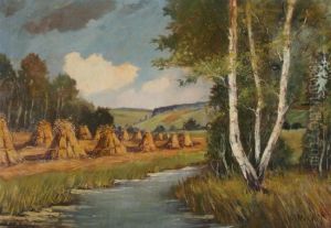 Strohmieten Am Bachlauf Vor Weiter Landschaft, Ol Auf Leinwand