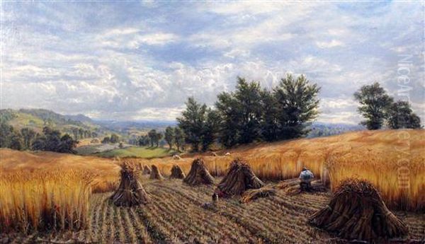 Extensive Summer Landscape With Harvest Field, Corn Stooks And Farm Worker - view 1