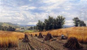 Extensive Summer Landscape With Harvest Field, Corn Stooks And Farm Worker by Alfred Augustus Glendening