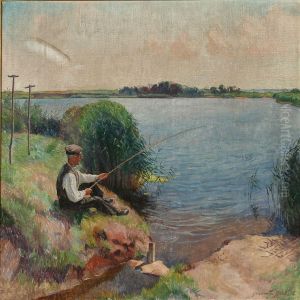Landscape From Niva With A Fisherman by Johannes Glob
