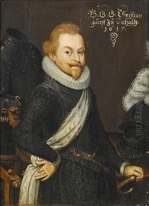 Portrait Of A Nobleman, Said To Be Christian I Duke Of Anhalt-bernburg, Three-quarter-length, Standing Before A Draped Table With A Plumed Helmet And Armour