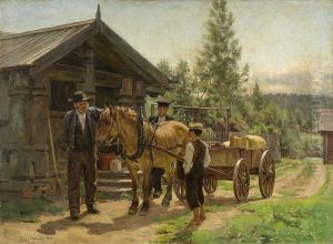 To Menn Og En Gutt Ved Hest Og Kjerre by Jacob Gloersen