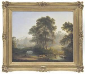 Wooded River Landscape With Anglers And Cattle In The Foreground by John Glover