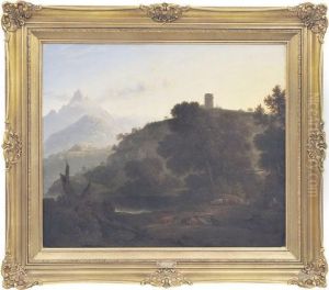 A Mountainous Wooded Landscape With Cattle By A Lake