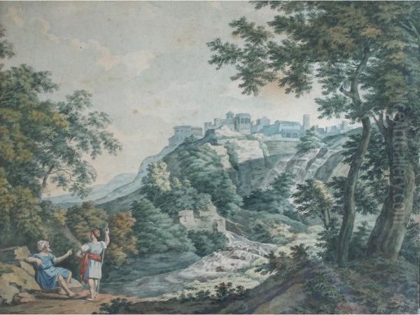 Two Classical Figures In An Italianate Landscape, A Distant Town Beyond - view 1