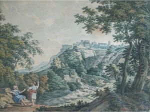 Two Classical Figures In An Italianate Landscape, A Distant Town Beyond by John Glover