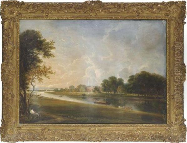 An Irish Mansion, Boats In A River In The Foreground - view 1