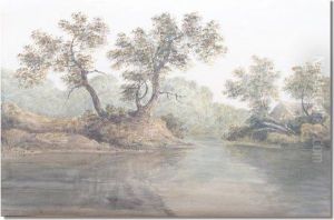 Rural Scene With A Barn By A River In A Wooded Landscape by William Glover