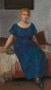 Sitzende Junge Frau In Blauem Kleid by Simon Glucklich