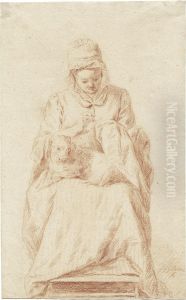 Junge, Stickende Frau Mit Hund by Johann Gottlieb Glume