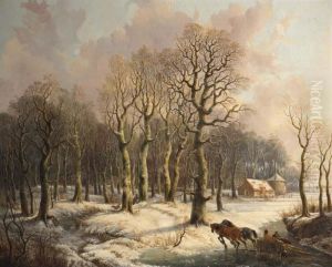 Wood Gatherers With A Horse Drawn Sleigh And A Hunter In A Wintry Forest