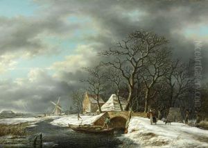 A Winter Landscape With A Woodgatherer Crossing A Bridge And A Peasant In A Punter Nearby by Gerrit Hendrik Gbell