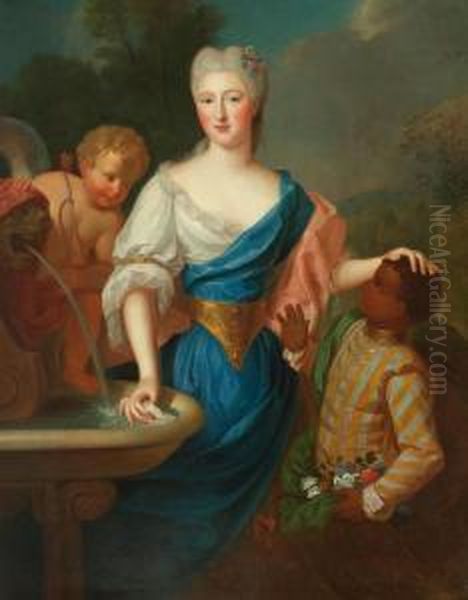 Portrait De Jeune Femme Et Son Page Accompagnee De Cupidon - view 1