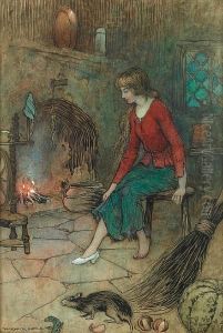 Cinderella Trying On Her Glass Slipper By The Hearth by Warwick Goble