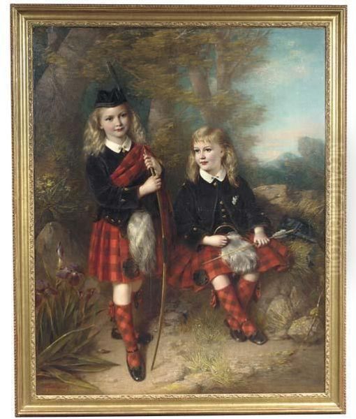 Portrait Of Two Children, Full-length In Macgregor Tartan Holding Abow And Arrow In A Landscape - view 1