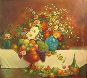 Still Life With Flowers, A Fruit Bowl Andwine