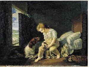 Un Jeune Garcon Nourrissant Des Petits Chiots by Marie Eleonore Godefroid