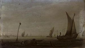 Shipping In Calm Waters With A Moored Vessel In The Foreground by Hans Goderis
