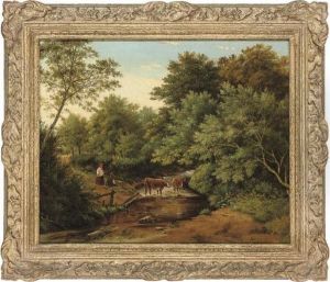 Cattle Watering In A Wooded Landscape by Julius Godet